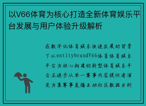 以V66体育为核心打造全新体育娱乐平台发展与用户体验升级解析