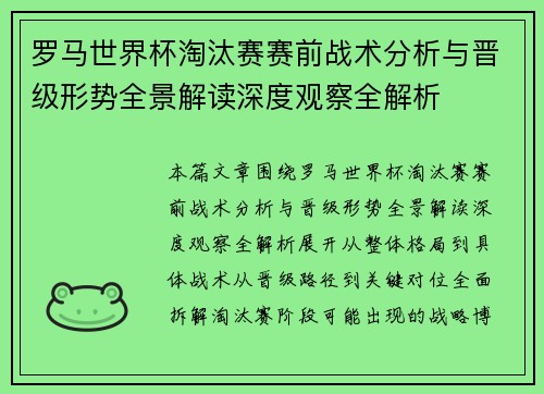 罗马世界杯淘汰赛赛前战术分析与晋级形势全景解读深度观察全解析